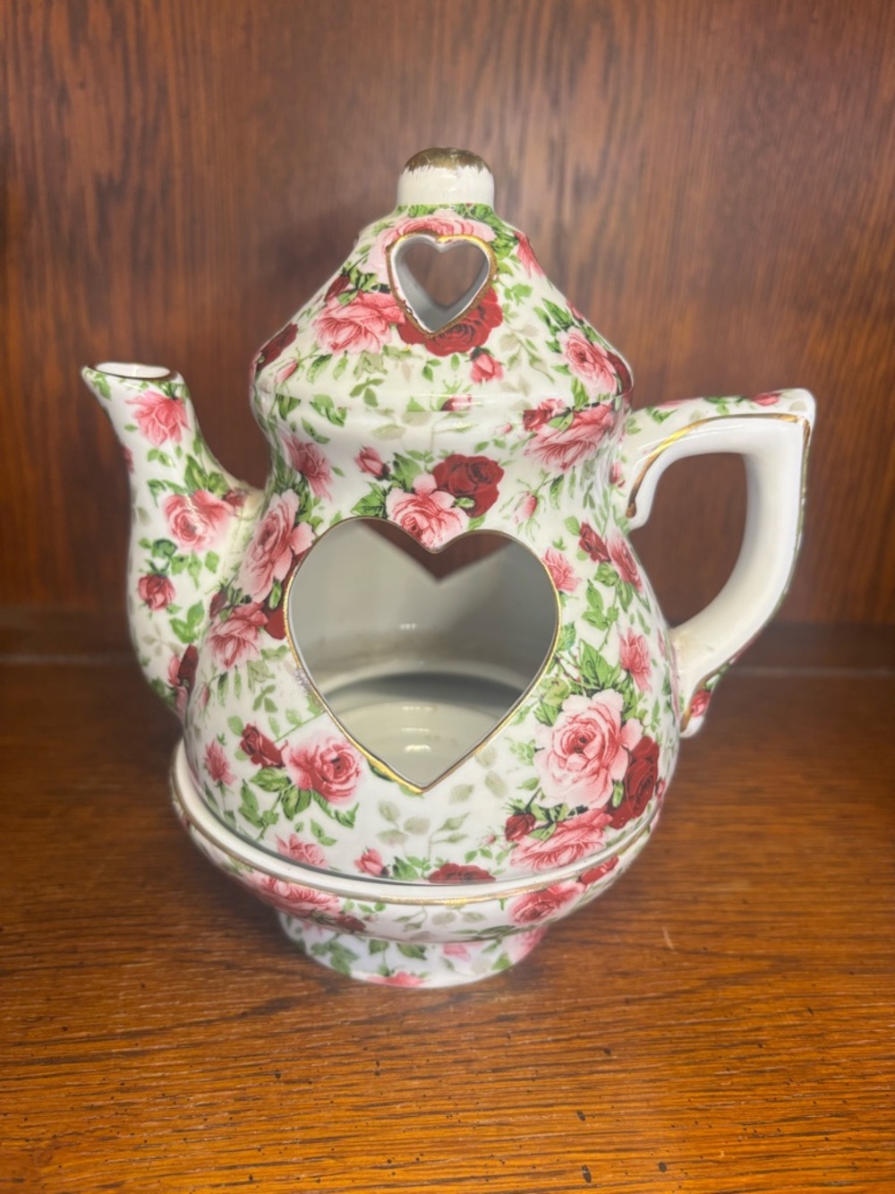 Floral Heart Cutout Ceramic Teapot - Pink Rose Pattern